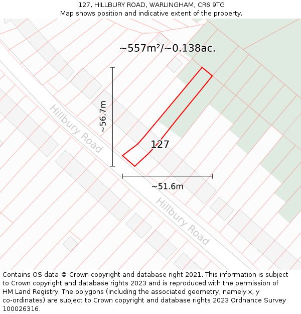 127, HILLBURY ROAD, WARLINGHAM, CR6 9TG: Plot and title map