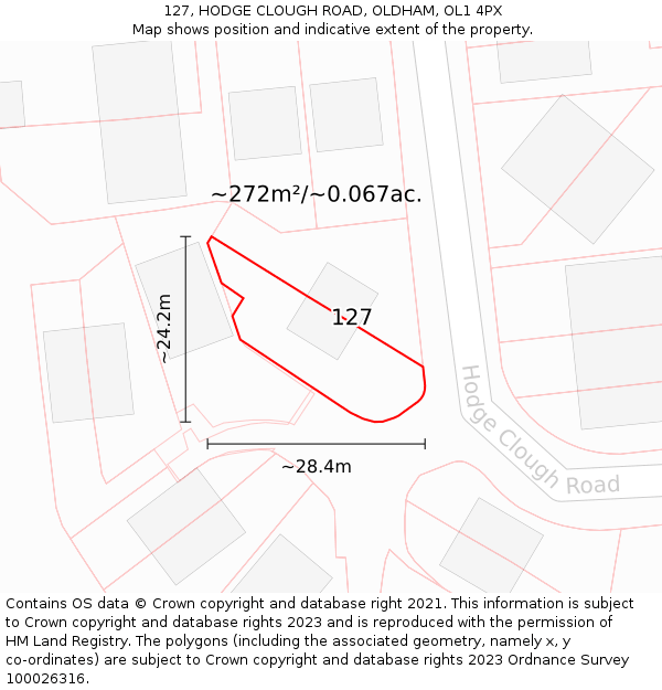 127, HODGE CLOUGH ROAD, OLDHAM, OL1 4PX: Plot and title map