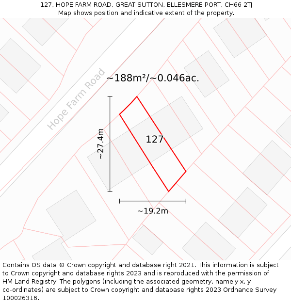 127, HOPE FARM ROAD, GREAT SUTTON, ELLESMERE PORT, CH66 2TJ: Plot and title map