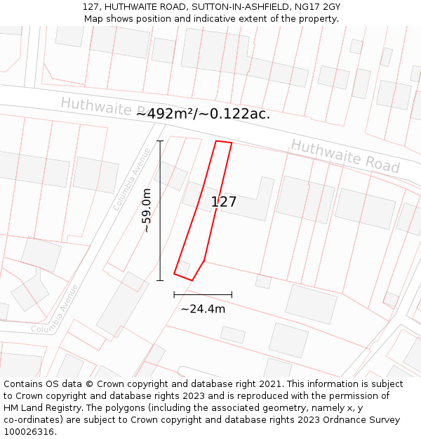 127, HUTHWAITE ROAD, SUTTON-IN-ASHFIELD, NG17 2GY: Plot and title map