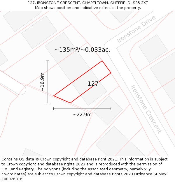 127, IRONSTONE CRESCENT, CHAPELTOWN, SHEFFIELD, S35 3XT: Plot and title map