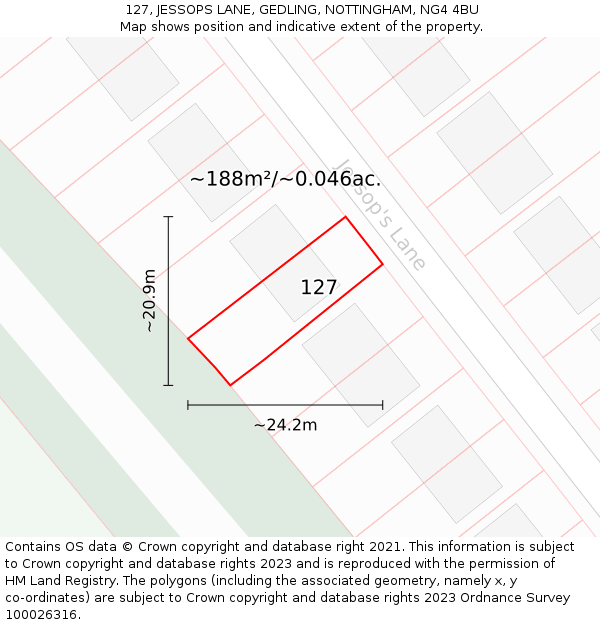 127, JESSOPS LANE, GEDLING, NOTTINGHAM, NG4 4BU: Plot and title map