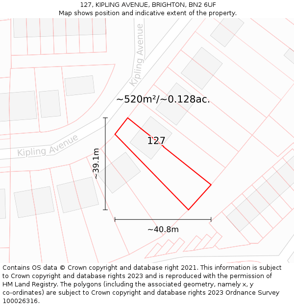 127, KIPLING AVENUE, BRIGHTON, BN2 6UF: Plot and title map