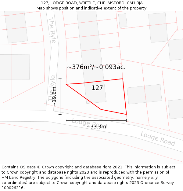 127, LODGE ROAD, WRITTLE, CHELMSFORD, CM1 3JA: Plot and title map