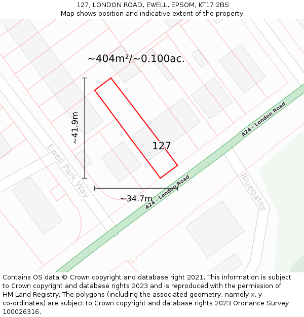 127, LONDON ROAD, EWELL, EPSOM, KT17 2BS: Plot and title map