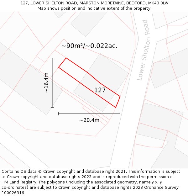 127, LOWER SHELTON ROAD, MARSTON MORETAINE, BEDFORD, MK43 0LW: Plot and title map