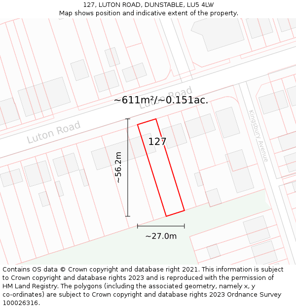 127, LUTON ROAD, DUNSTABLE, LU5 4LW: Plot and title map