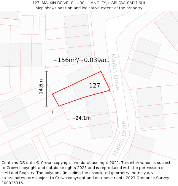 127, MALKIN DRIVE, CHURCH LANGLEY, HARLOW, CM17 9HL: Plot and title map