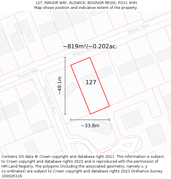 127, MANOR WAY, ALDWICK, BOGNOR REGIS, PO21 4HN: Plot and title map