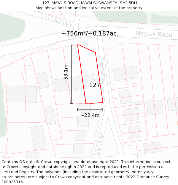 127, MAYALS ROAD, MAYALS, SWANSEA, SA3 5DH: Plot and title map