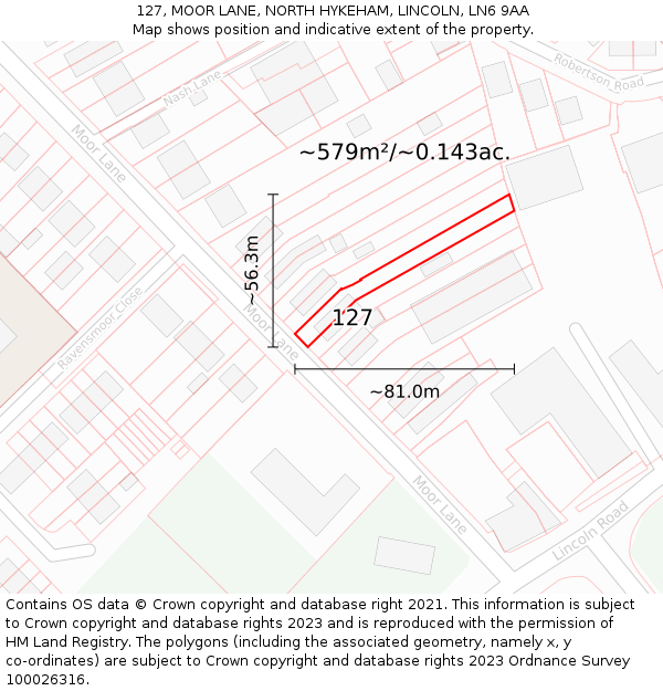 127, MOOR LANE, NORTH HYKEHAM, LINCOLN, LN6 9AA: Plot and title map