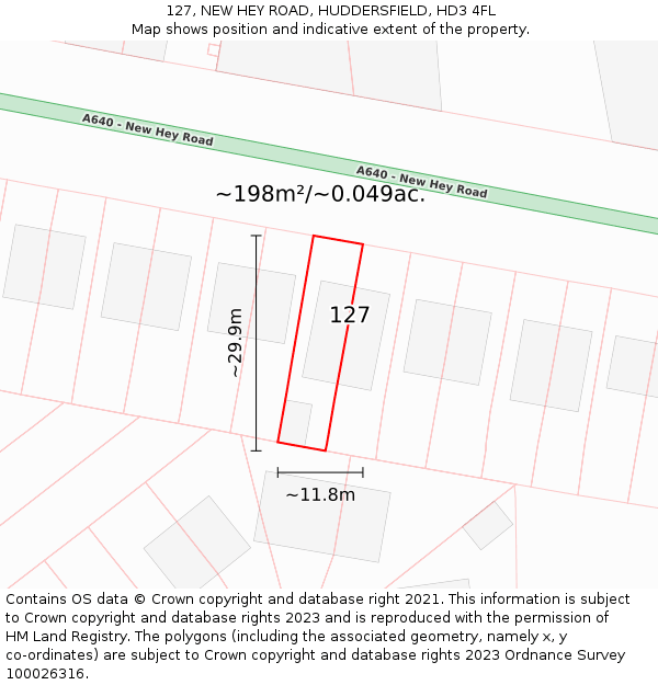 127, NEW HEY ROAD, HUDDERSFIELD, HD3 4FL: Plot and title map