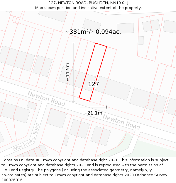 127, NEWTON ROAD, RUSHDEN, NN10 0HJ: Plot and title map