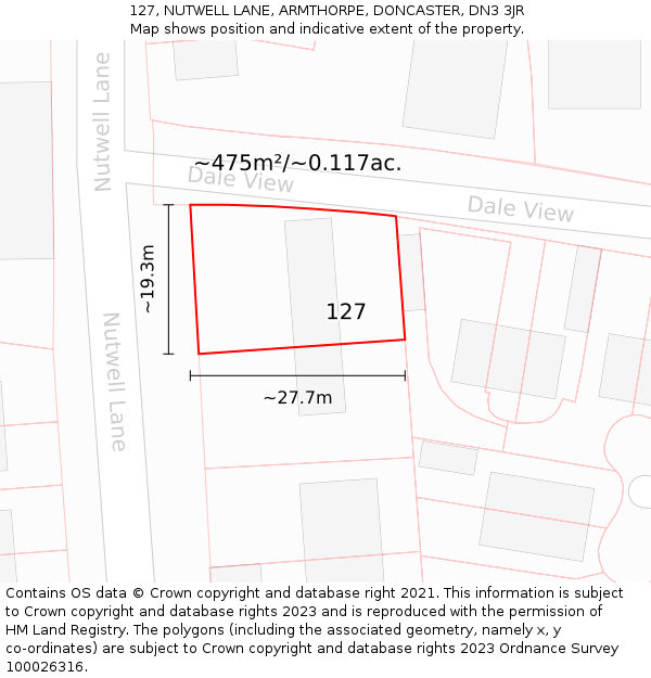 127, NUTWELL LANE, ARMTHORPE, DONCASTER, DN3 3JR: Plot and title map