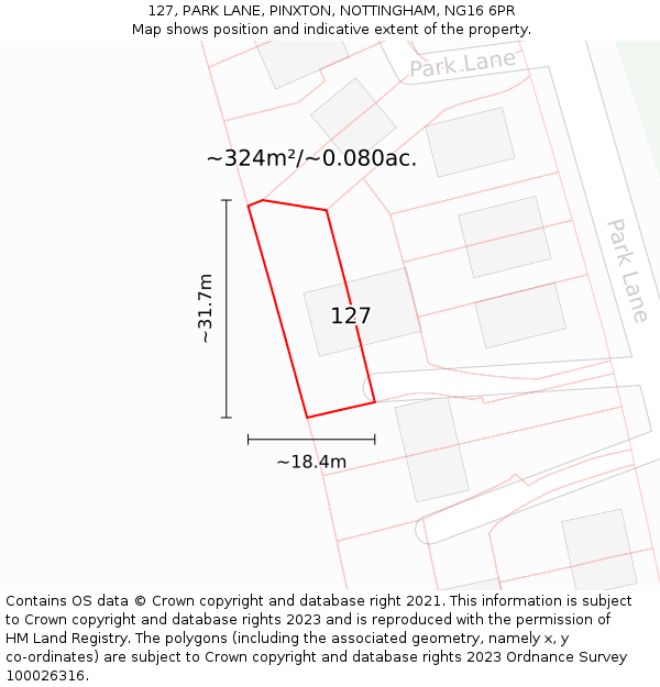 127, PARK LANE, PINXTON, NOTTINGHAM, NG16 6PR: Plot and title map