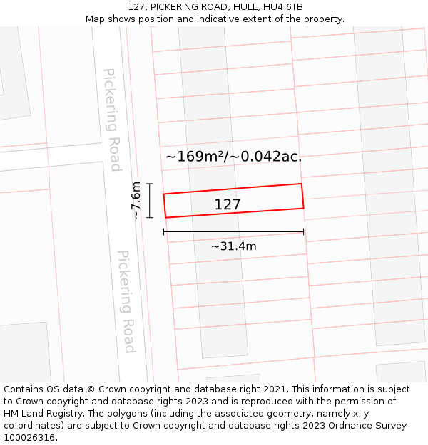 127, PICKERING ROAD, HULL, HU4 6TB: Plot and title map