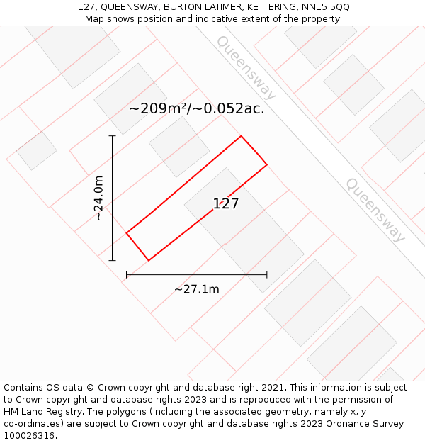 127, QUEENSWAY, BURTON LATIMER, KETTERING, NN15 5QQ: Plot and title map