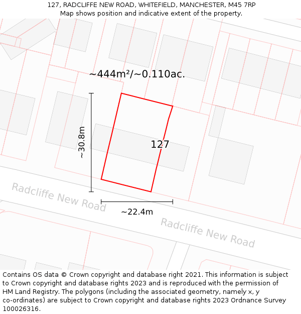 127, RADCLIFFE NEW ROAD, WHITEFIELD, MANCHESTER, M45 7RP: Plot and title map