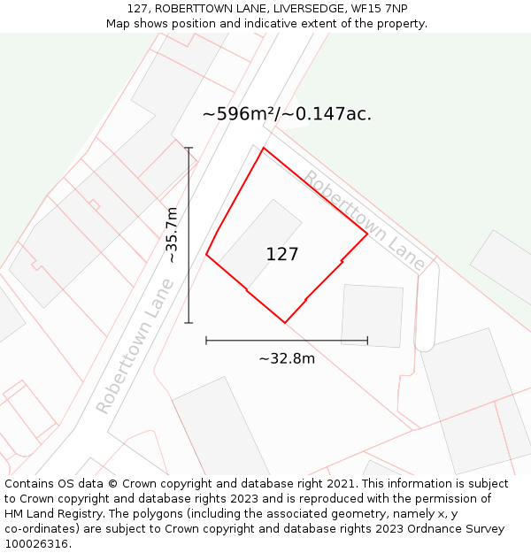 127, ROBERTTOWN LANE, LIVERSEDGE, WF15 7NP: Plot and title map