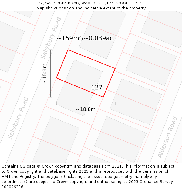 127, SALISBURY ROAD, WAVERTREE, LIVERPOOL, L15 2HU: Plot and title map