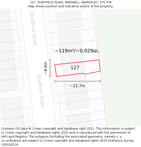 127, SHEFFIELD ROAD, BIRDWELL, BARNSLEY, S70 5TA: Plot and title map