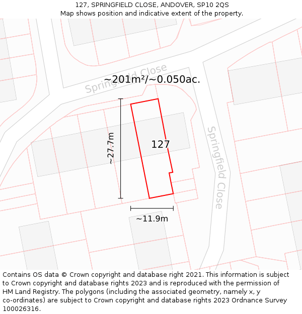 127, SPRINGFIELD CLOSE, ANDOVER, SP10 2QS: Plot and title map