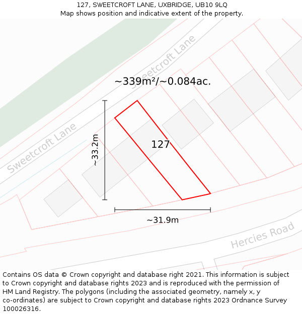 127, SWEETCROFT LANE, UXBRIDGE, UB10 9LQ: Plot and title map