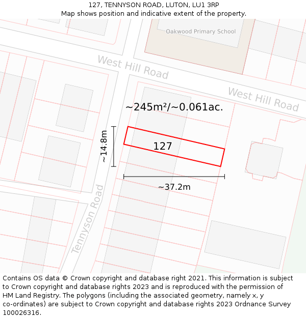 127, TENNYSON ROAD, LUTON, LU1 3RP: Plot and title map