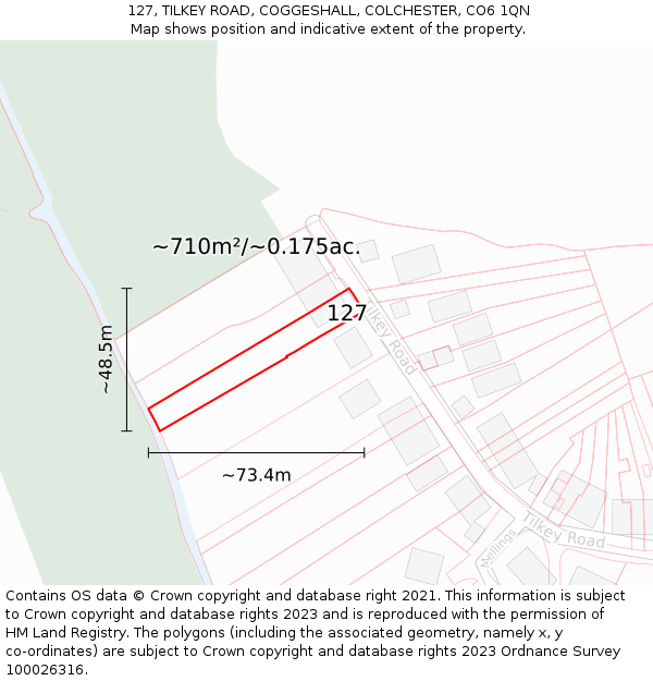 127, TILKEY ROAD, COGGESHALL, COLCHESTER, CO6 1QN: Plot and title map