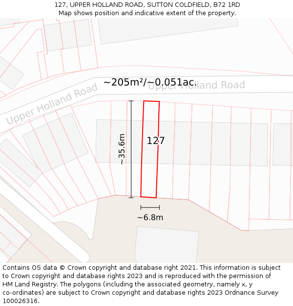 127, UPPER HOLLAND ROAD, SUTTON COLDFIELD, B72 1RD: Plot and title map