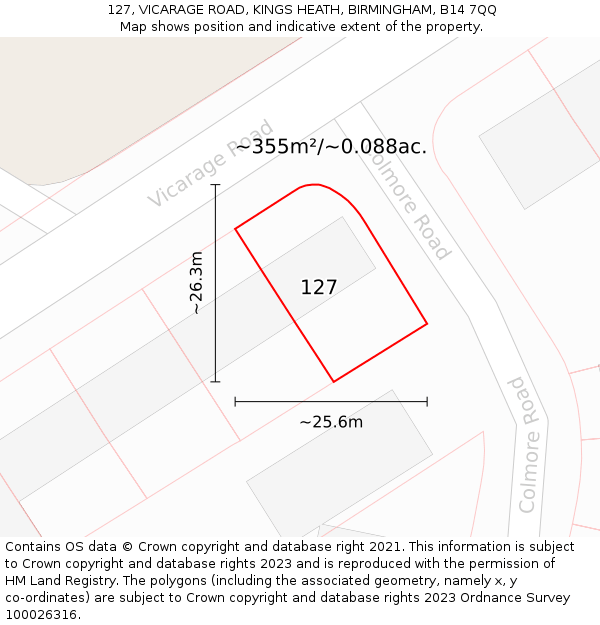 127, VICARAGE ROAD, KINGS HEATH, BIRMINGHAM, B14 7QQ: Plot and title map