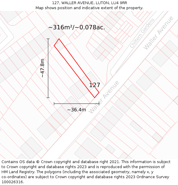 127, WALLER AVENUE, LUTON, LU4 9RR: Plot and title map