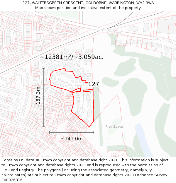 127, WALTERSGREEN CRESCENT, GOLBORNE, WARRINGTON, WA3 3WA: Plot and title map