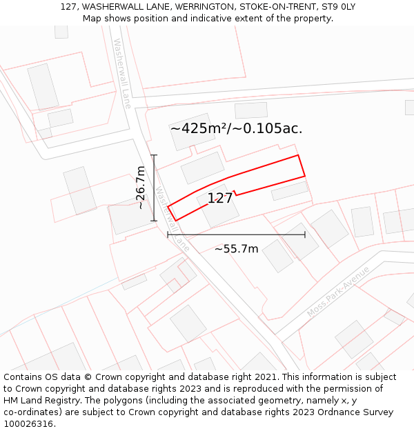 127, WASHERWALL LANE, WERRINGTON, STOKE-ON-TRENT, ST9 0LY: Plot and title map