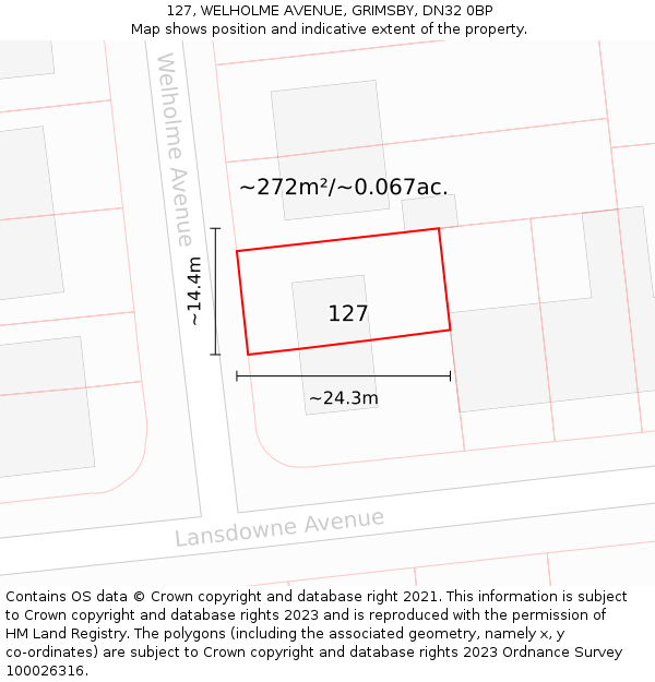 127, WELHOLME AVENUE, GRIMSBY, DN32 0BP: Plot and title map