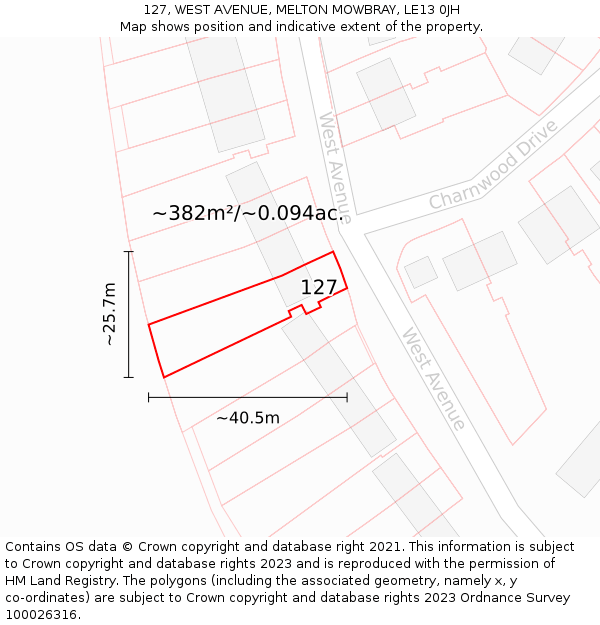 127, WEST AVENUE, MELTON MOWBRAY, LE13 0JH: Plot and title map