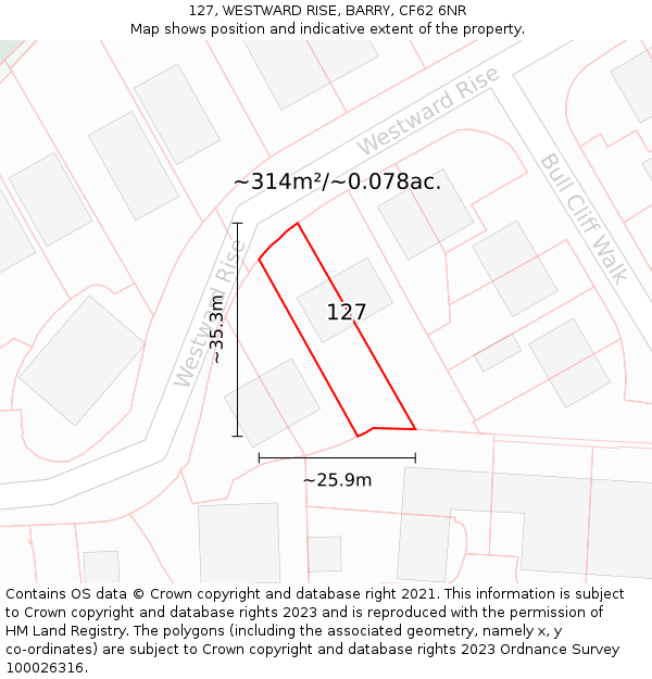 127, WESTWARD RISE, BARRY, CF62 6NR: Plot and title map