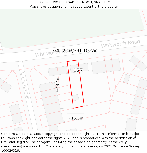 127, WHITWORTH ROAD, SWINDON, SN25 3BG: Plot and title map