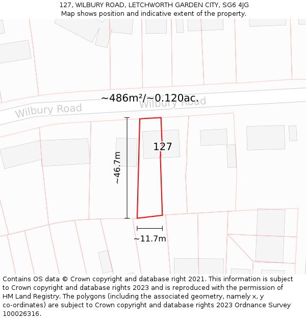 127, WILBURY ROAD, LETCHWORTH GARDEN CITY, SG6 4JG: Plot and title map