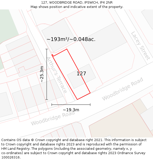 127, WOODBRIDGE ROAD, IPSWICH, IP4 2NR: Plot and title map