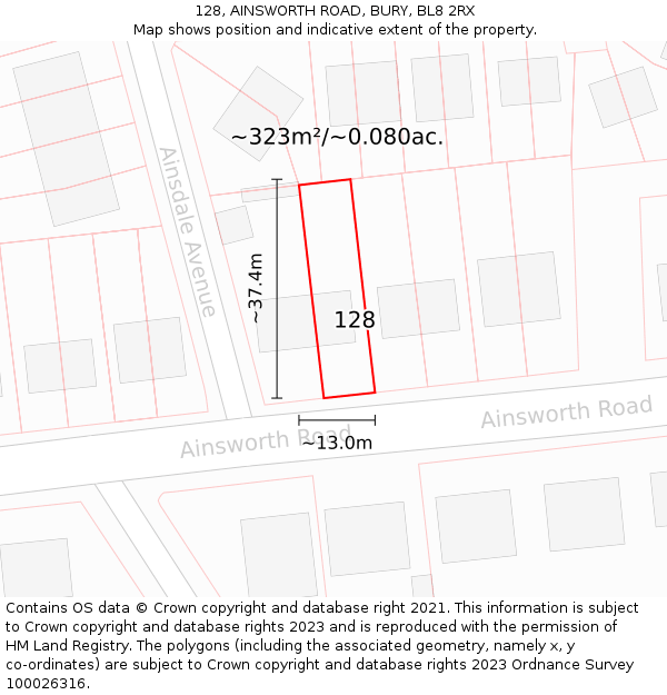 128, AINSWORTH ROAD, BURY, BL8 2RX: Plot and title map