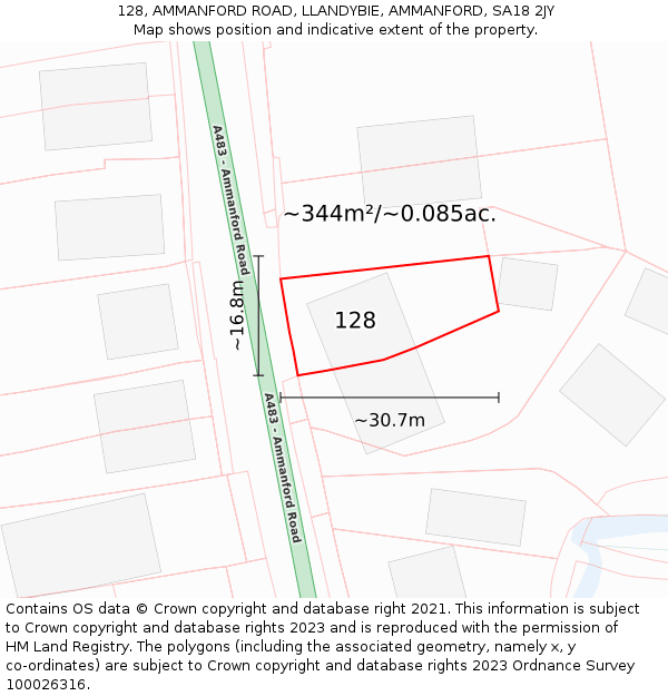 128, AMMANFORD ROAD, LLANDYBIE, AMMANFORD, SA18 2JY: Plot and title map