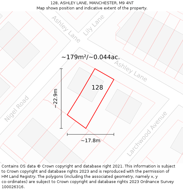 128, ASHLEY LANE, MANCHESTER, M9 4NT: Plot and title map