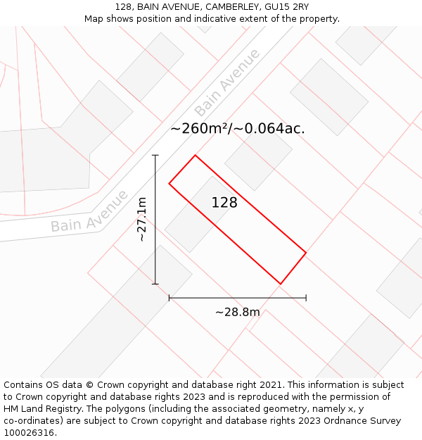 128, BAIN AVENUE, CAMBERLEY, GU15 2RY: Plot and title map