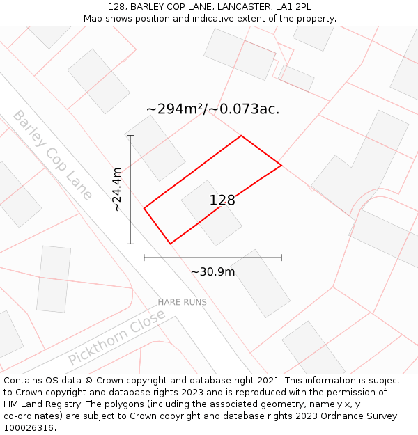 128, BARLEY COP LANE, LANCASTER, LA1 2PL: Plot and title map