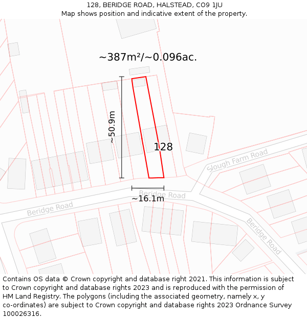 128, BERIDGE ROAD, HALSTEAD, CO9 1JU: Plot and title map