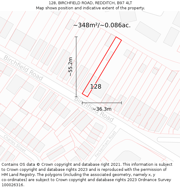 128, BIRCHFIELD ROAD, REDDITCH, B97 4LT: Plot and title map