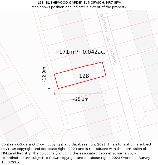 128, BLITHEWOOD GARDENS, NORWICH, NR7 8PW: Plot and title map