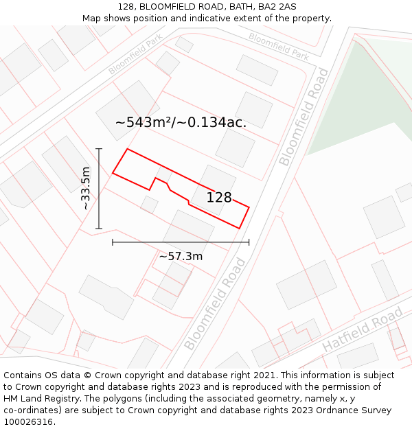 128, BLOOMFIELD ROAD, BATH, BA2 2AS: Plot and title map