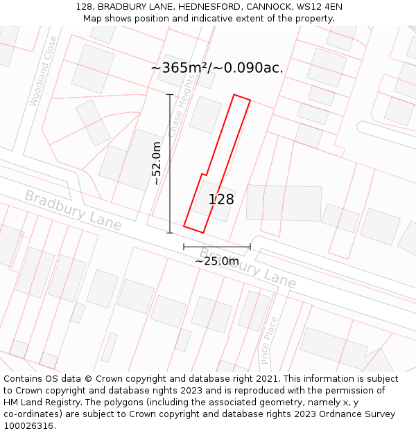 128, BRADBURY LANE, HEDNESFORD, CANNOCK, WS12 4EN: Plot and title map